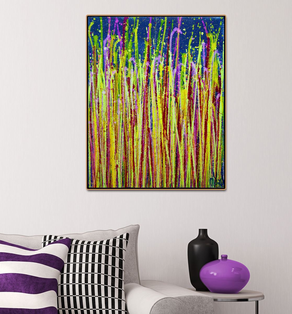 Abstract Acrylic Painting By Nestor Toro, 16 X 20", Small Vibrations (Drizzles On Blue) 2 By Nestor Toro, Original Artwork