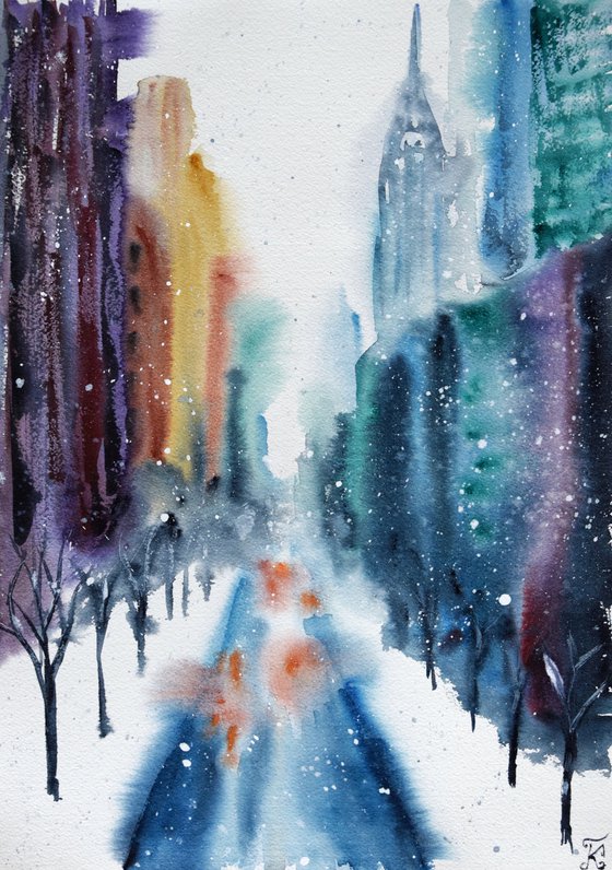 Snowy New York watercolor painting, original abstract cityscape, winter Manhattan