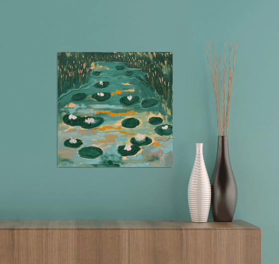 Water lilies — contemporary landscape with optimistic and positive energy on stretched canvas