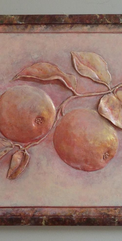 "Golden apples" - paper clay on carton board, one-of-a-kind bas-relief (22,5x18,5x1") by Alexander Koltakov