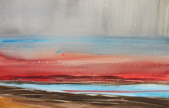 RED SUNSET CEMLYN BAY ANGLESEY. Original Watercolour Landscape Painting.