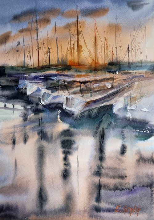 Sailing boats in marina at sunset. Watercolor edition by Elena Genkin