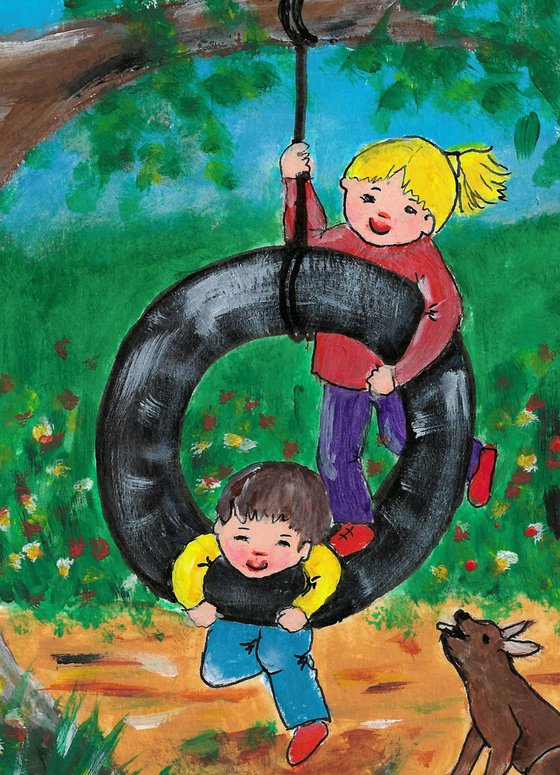 Children Playing on a Tire Swing