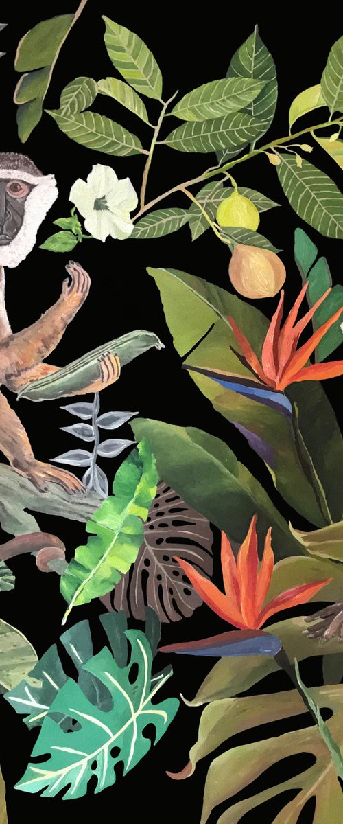 Jungle N°5  - Fern - Tropical - Monkeys - Art-Deco - Organic Floral, XL LARGE PAINTING by Artemisia