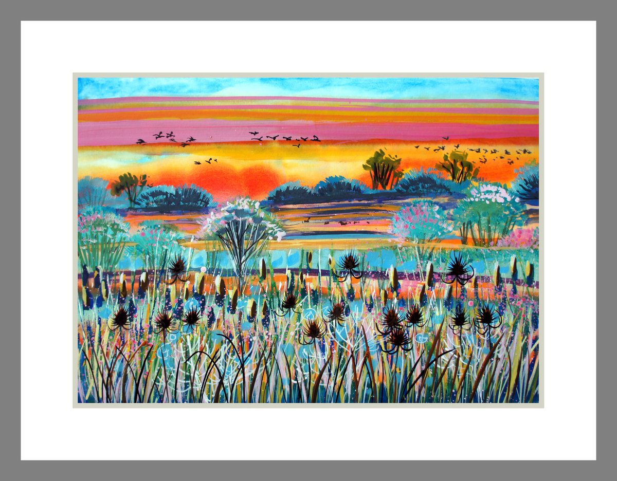 Impressionistic Landscape Acrylic Painting By Julia Rigby, 19 X 13", Evening River, Original Artwork