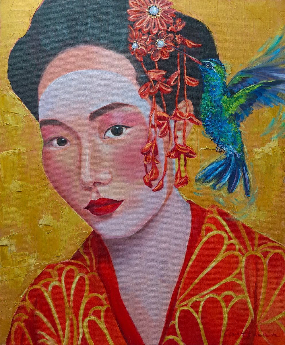 Geisha with hummingbird 2 by Jane Lantsman