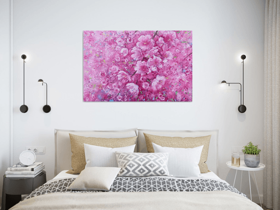 Large abstract flower paintings on canvas, pink blossom artwork, Sakura painting