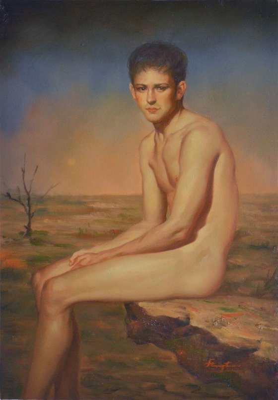 ORIGINAL OIL PAINTING  MALE NUDE SITTING ON STONE#11-9-01