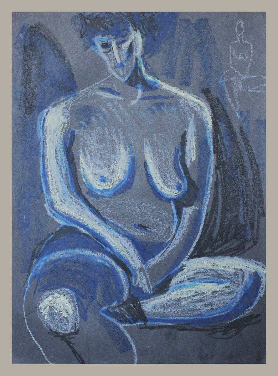 Expressive Portrait Pastel Drawing By Katya Timoshenko, 17 X 23", In Blue, Original Artwork