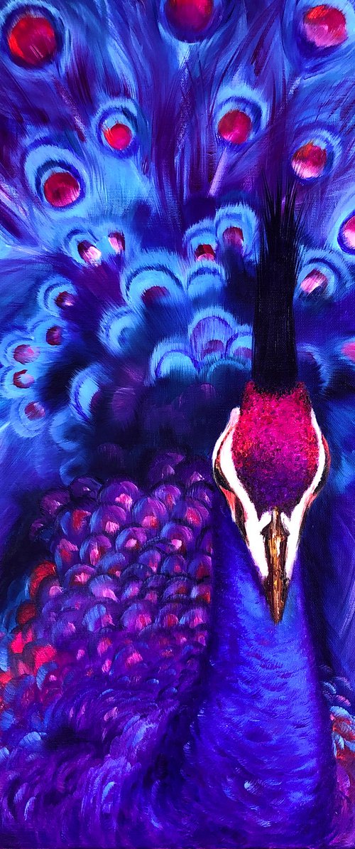 YOUR MAJESTY - Bright peacock. Blue bird. Royal peacock. Bird with blue feathers. Crested peacock. Variegated bird. Lush tail. Cute crest. Luxurious. Fairy. by Marina Skromova
