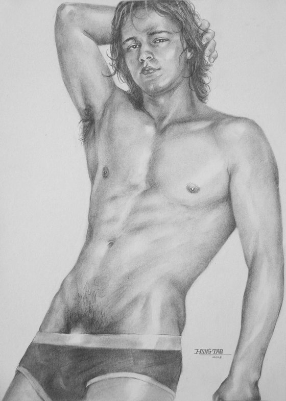 original art drawing charcoal male nude BOY on paper #16-4-18-03