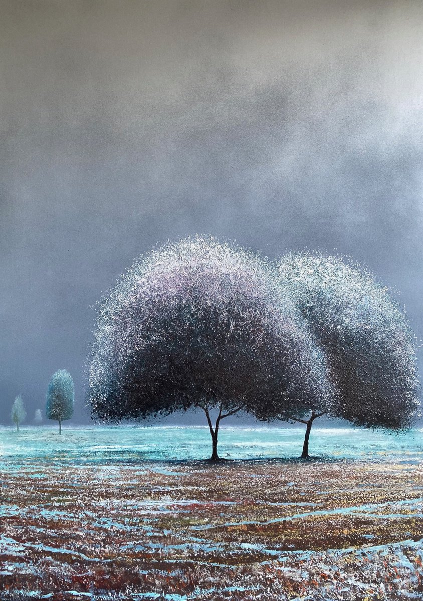 Surrealistic Landscape Oil Painting By Simon Jones, 17 X 23", 2 Trees Quiet Snow, Original Artwork