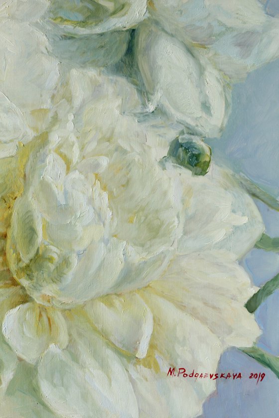 Three white peonies 90x80