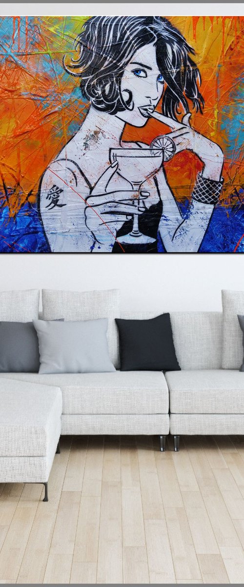 Lime Time Cocktails 200cm x 120cm Cocktail Girl Textured Urban Pop Art by Franko