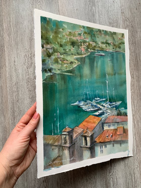 Kotor. View of the old town and bay. Watercolour by Marina Trushnikova. Ceascape. Architectural scenery. Plain air artwork.