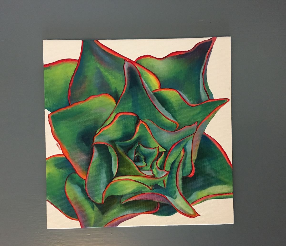 Green succulent with red edges oil painting on canvas by Inari