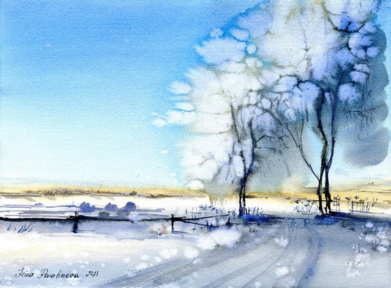 Winter field and trees original watercolor painting , blue sky and snow living room decor , gift idea