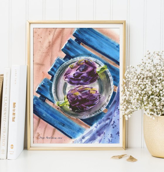 Artichokes on table original watercolor painting, Italian foof painting, purple flowers artwork, kitchen decor, gift for mother