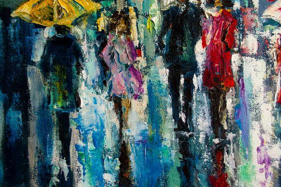 "Night city lights" ,  people with umbrellas