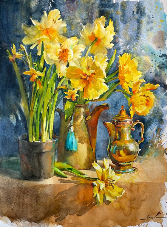 Yellow tulips - watercolor flowers painting