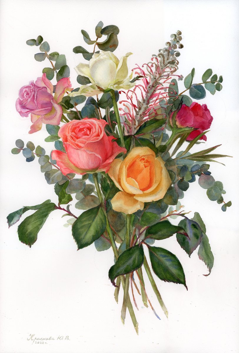 Photorealistic Botanical Watercolour By Yulia Krasnov, 15 X 22", Bouquet Of Colorful Roses, Original Artwork