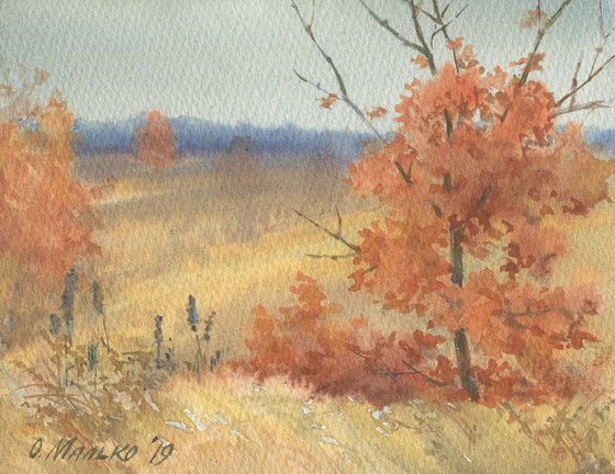 Young oaks. Fall #4 / Autumn trees Terracotta tones Watercolor landscape