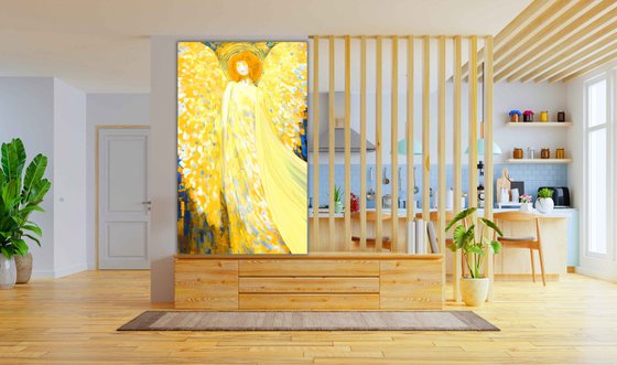 Sunny Angel. Huge 200 x 120 cm artwork. Magical radiance of the soul. Bright futuristic fantasy fabulous esoteric surreal mystery harmonious golden yellow art. Meditation relaxation pray aura grace Large format wall art on canvas