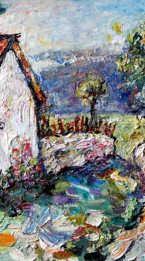 Blue gate, road and trees. by Nikifor Swiristuhin