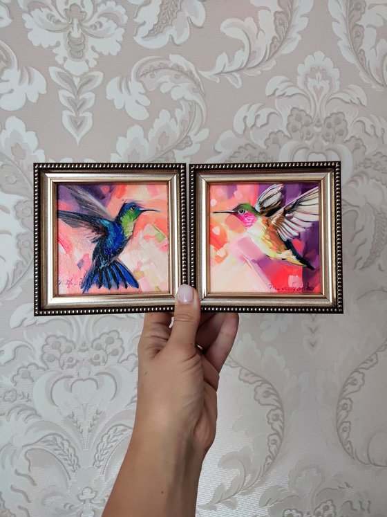 Hummingbirds art painting original, Set of 2 love birds art, Colibri art Bird on wings, Bird in flight art, Humming bird artwork frame