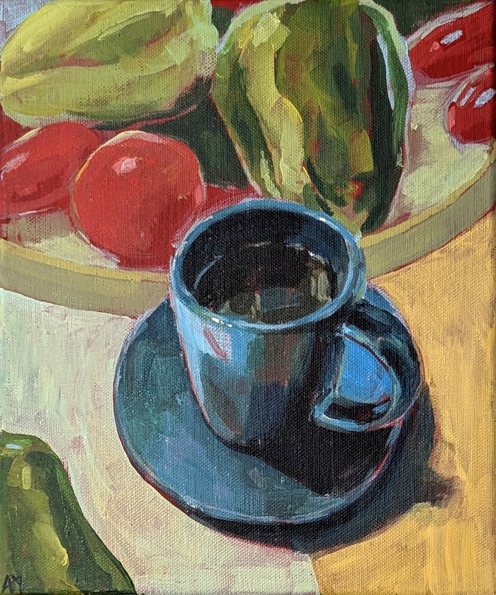 Still Life Acrylic Painting By Alexander Mikhaylov, 10 X 12, Coffee, Peppers, Tomatoes, Original Artwork