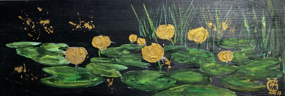 Impressionistic Botanical Painting By Valeria Golovenkina, 24 X 8", Green Gold Water Lilies, Original Artwork