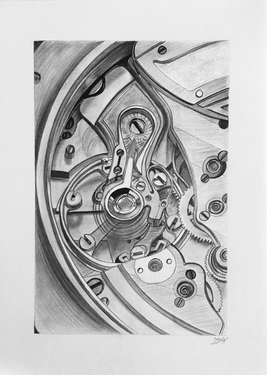 Photorealistic Still Life Pencil Drawing By Amelia Taylor, 8 X 12, Watch Movement 2, Original Artwork