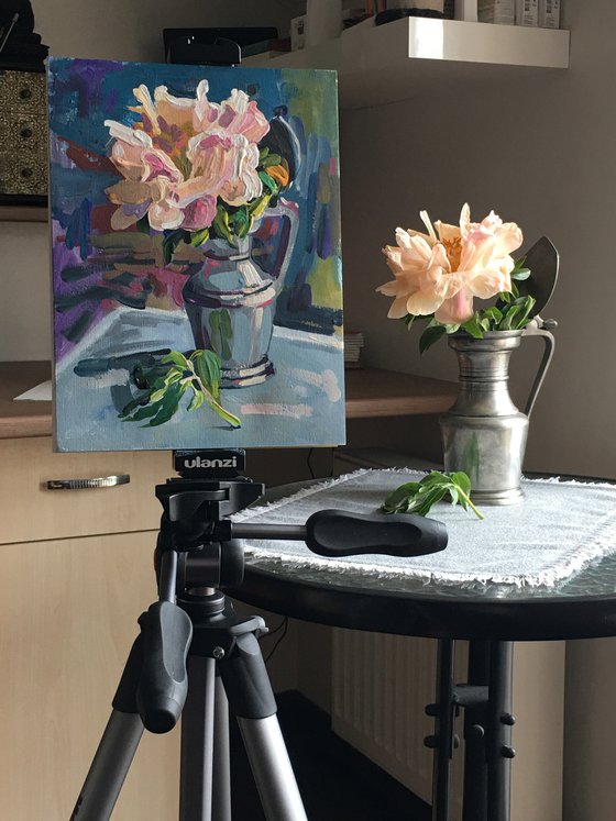 Peony in a silver vase