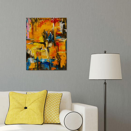 Modern Abstract City, orange sunset, palette knife original oil painting.