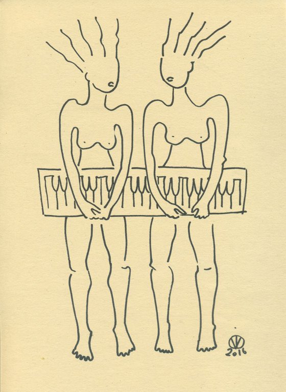 Piano Duet #3 (21x30 cm) abstract sketch original drawing two duet piano nude girls music