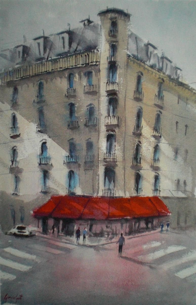 Impressionistic Cityscapes Watercolour By Giorgio Gosti, 14 X 21, Parisian Cafe 5, Original Artwork