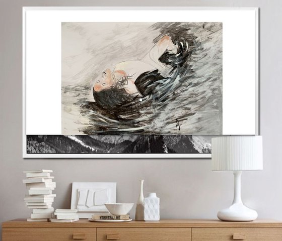 Painting of Woman / Ocean / Seascapes / Portrait / Black and White / Submerged / Original Artwork / Gifts For Him / Home Decor Wall Art 11.7"x16.5"
