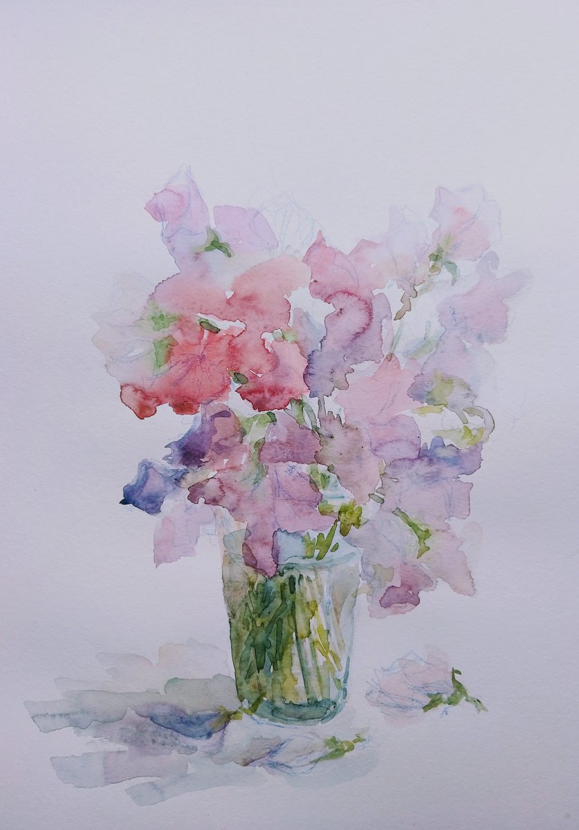 Impressionistic Still Life Watercolour By Elena Klyan, 11 X 16, Sweet Pea.original Watercolour, Original Artwork