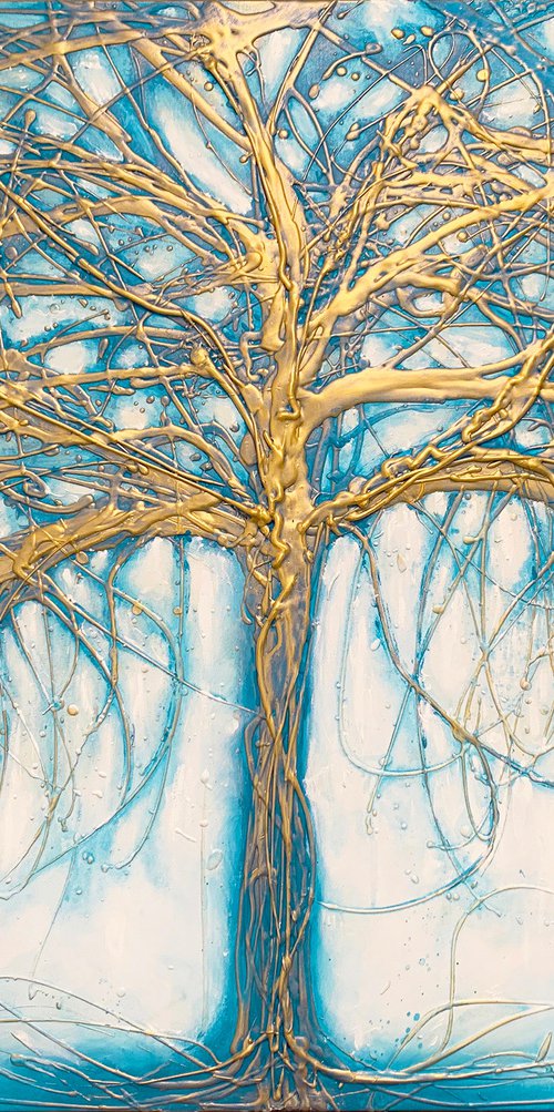 Tree of Gold and Turquoise Teal 120cm x 100cm by Carol Wood