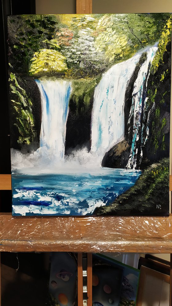 Waterfall, original landscape oil painting, gift, bedroom art