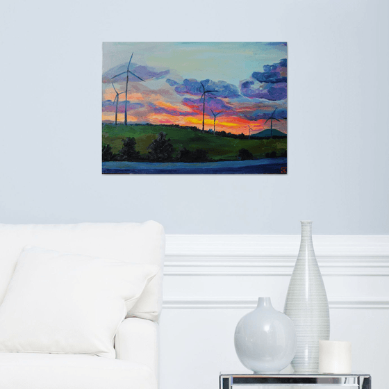 Slovak original oil painting on canvas Wind park on hills in sunset