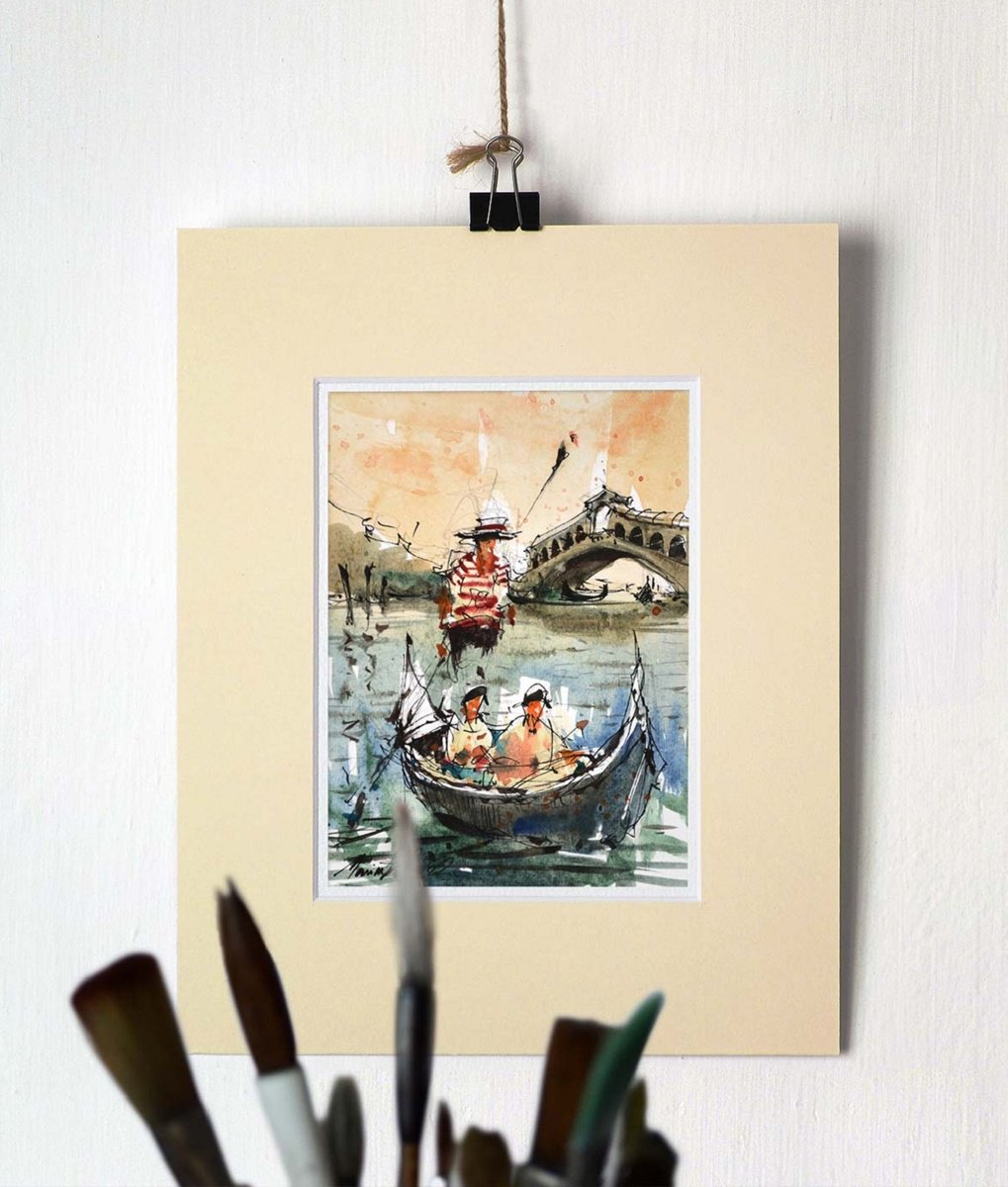 Gondolier in Venice, Ink and watercolor impressionist urbansketch painting. by Marin Victor