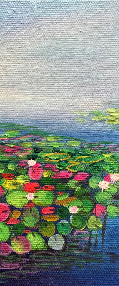 Water lily pond by the lake !! Morning Bliss !! Small Painting !! Miniature !! Gift !! by Amita Dand