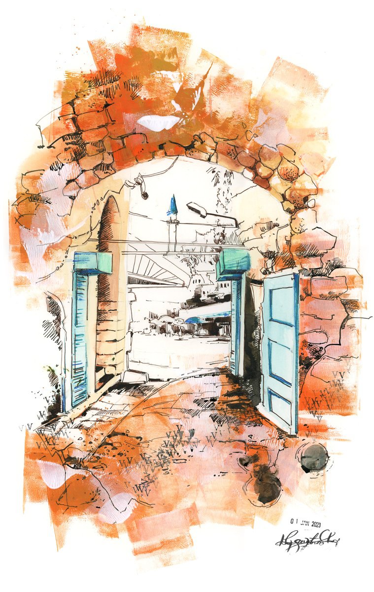 Cityscapes Painting By Sophie Rodionov, 13 X 20", Old Jaffa Town Tel Aviv Israel, Original Artwork