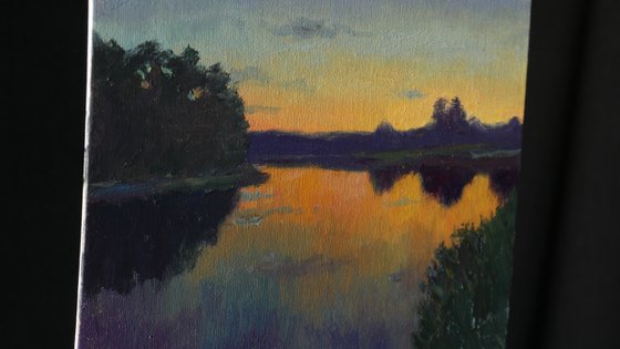 Sunset Over the Pond - original sunny landscape, painting