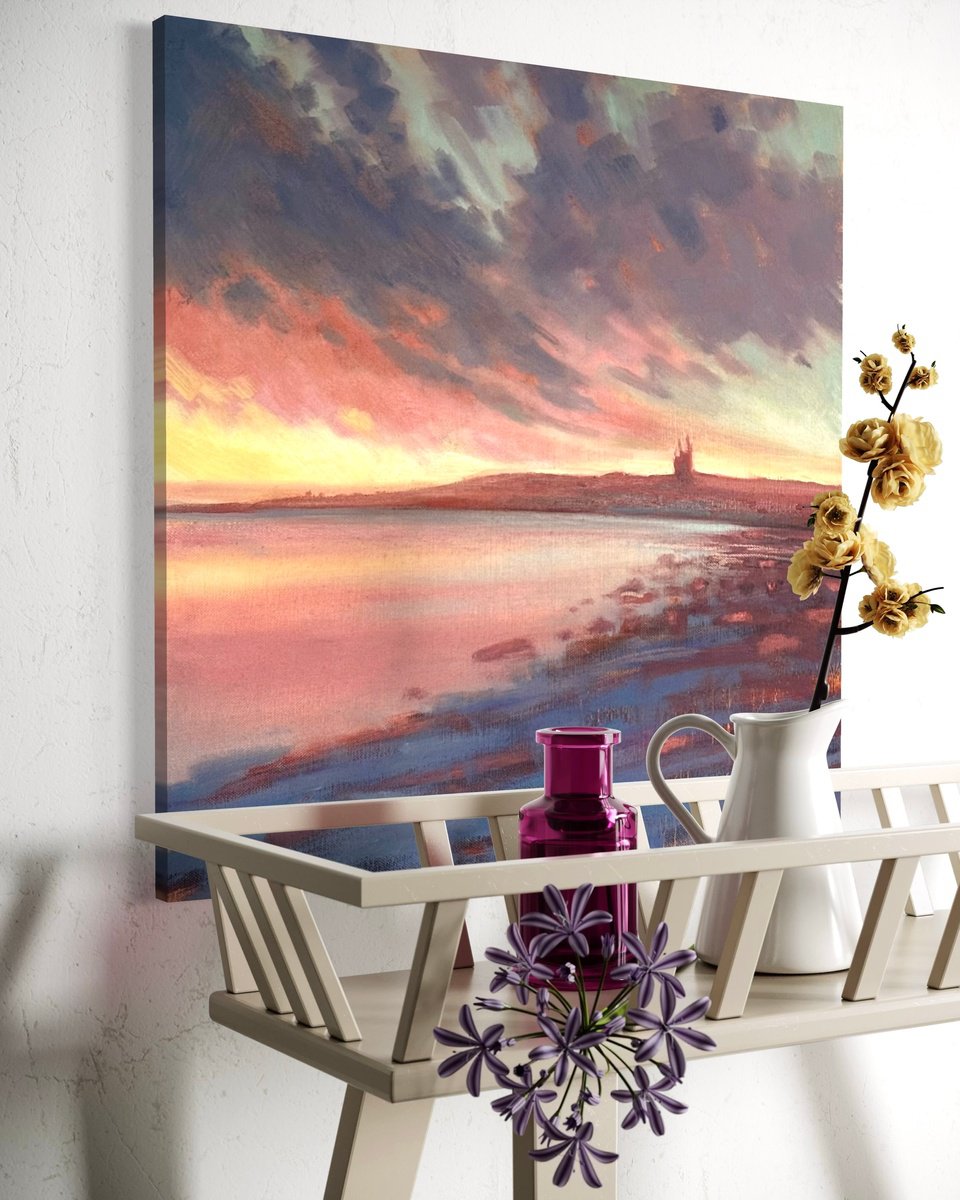 Impressionistic Landscape Oil Painting By Jennifer Taylor, 16 X 16, Dunstanburgh Afterglow, Original Artwork