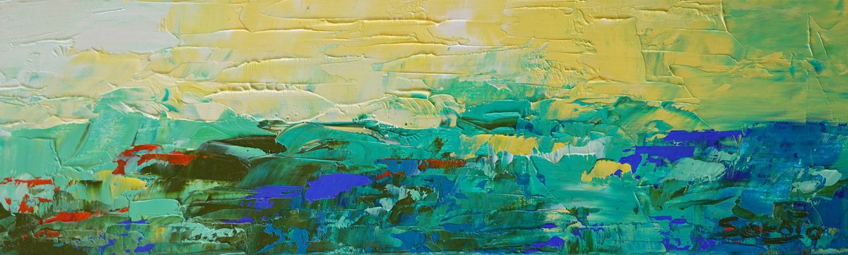 Abstract Landscape Oil Painting By Saroja Van Der Stegen, 14 X 5", Marino (Ref#:1108-W), Original Artwork