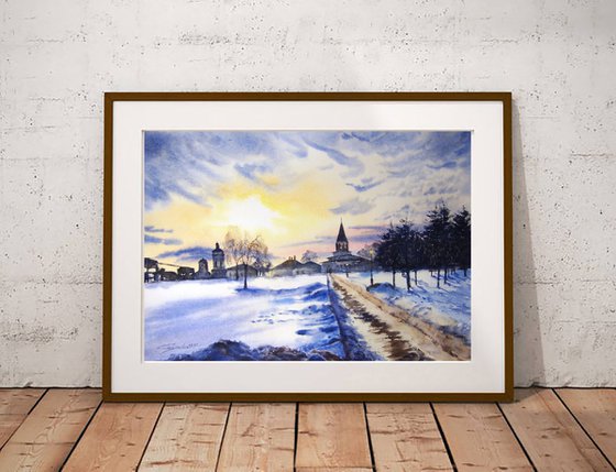 Winter landscape watercolor original painting