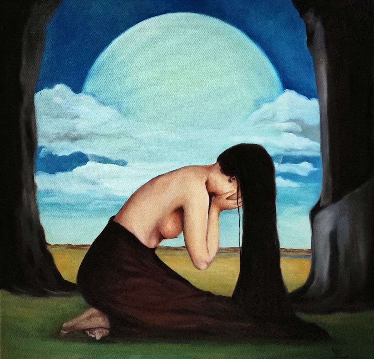 Surrealistic Portrait Oil Painting By Veronica Ciccarese, 16 X 16", The Voice Of The Moon, Original Artwork