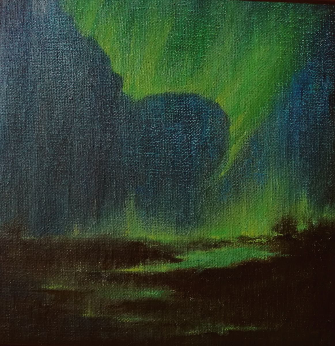 Impressionistic Landscape Oil Painting By Daniela Roughsedge, 7 X 7, Sky Magic - Aurora Borealis, Original Artwork